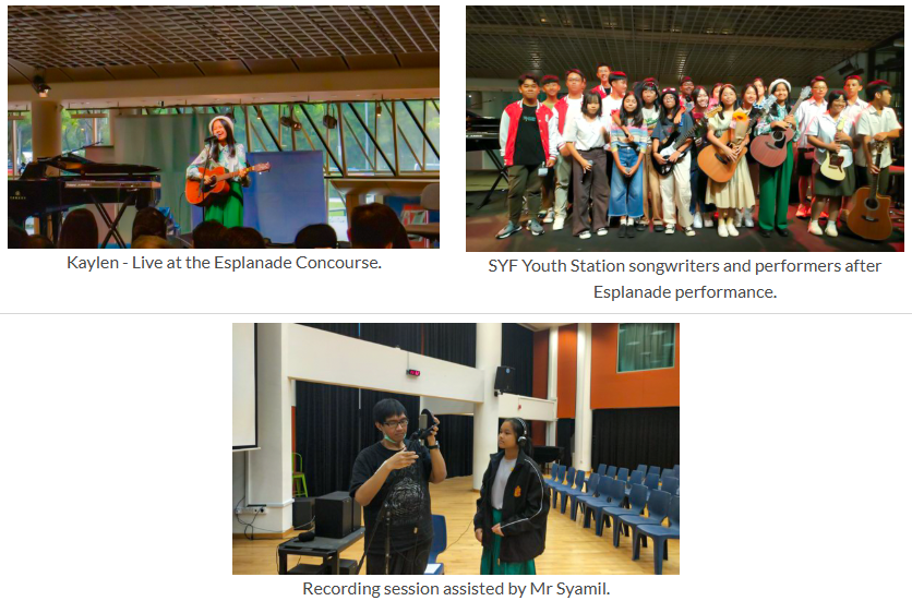 Kaylen performing live at Esplanade Concourse, posing together with other songwriters and performers.